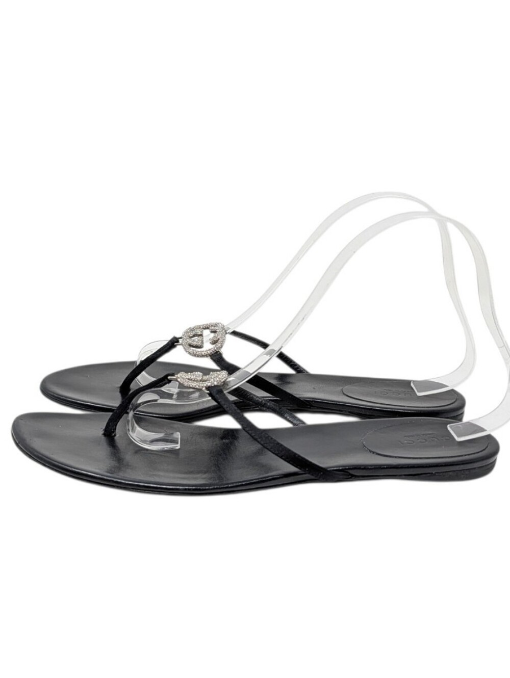 Gucci Black Leather Crystal Interlocking GG Logo Thong Sandals Size 9B - Picture 3 of 8